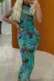 Blue Sexy Print Patchwork O Neck Pencil Skirt Dresses