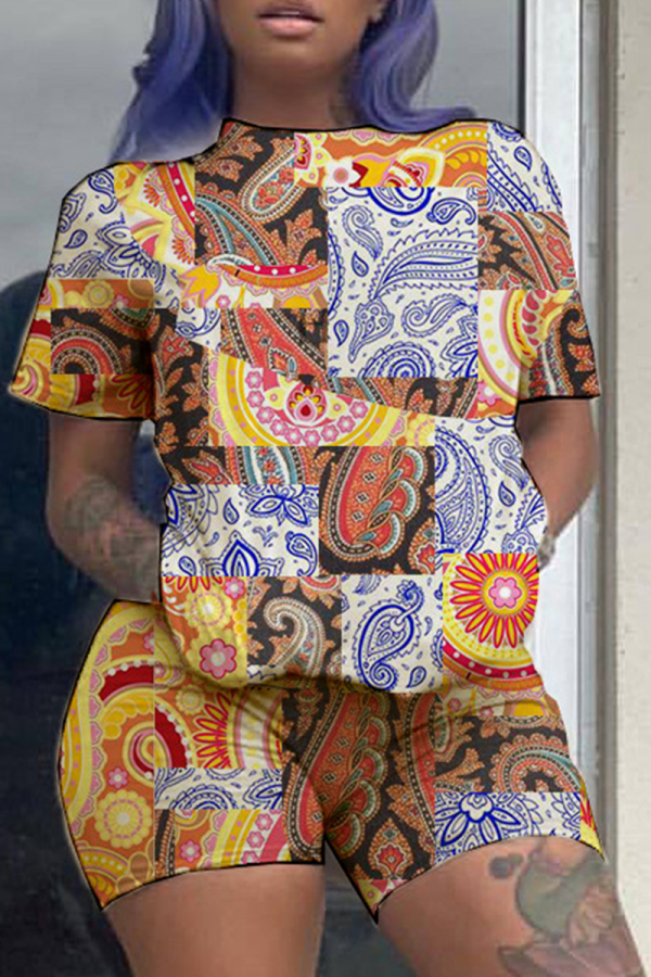 Yellow Casual Print Patchwork O Neck Short Sleeve Two Pieces