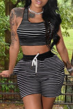 Blue Fashion Casual Striped Print Vests U Neck Sleeveless Two Pieces