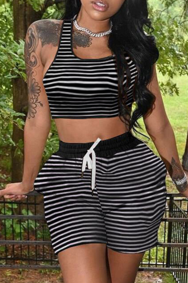 Black Fashion Casual Striped Print Vests U Neck Sleeveless Two Pieces