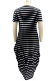 Black Fashion Casual Plus Size Striped Print Basic O Neck Short Sleeve Dress