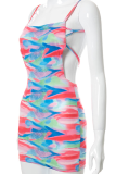 Pink Sexy Print Backless Spaghetti Strap Pencil Skirt Dresses