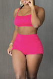 Rose Red Sexy Solid Patchwork Fold Spaghetti Strap Sleeveless Two Pieces