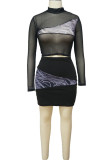 Leopard Print Sexy Print Patchwork See-through Half A Turtleneck Long Sleeve Two Pieces