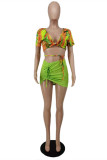 Fluorescent Green Fashion Sexy Print Bandage Asymmetrical V Neck Short Sleeve Two Pieces