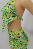 Green Sexy Print Split Joint Draw String Frenulum Backless Halter Sleeveless Two Pieces