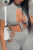 Red Fashion Sexy Solid Bandage Hollowed Out Half A Turtleneck Short Sleeve Two Pieces