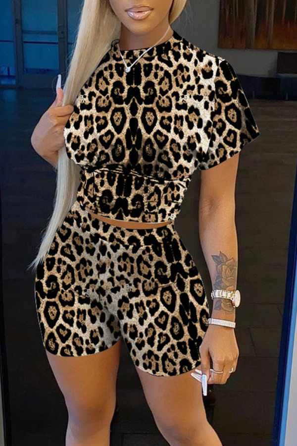 Leopard Print Casual Print Patchwork O Neck Short Sleeve Two Pieces