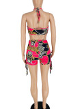Rose Red Sexy Print Patchwork Frenulum Swimwears