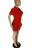 Red Casual Solid Split Joint Turndown Collar Pencil Skirt Dresses
