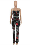Black Fashion Sexy Print Backless Spaghetti Strap Regular Jumpsuits