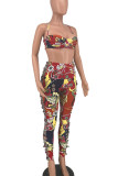 Red Sexy Print Tassel Patchwork Spaghetti Strap Sleeveless Two Pieces