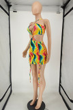 Green Yellow Sexy Print Hollowed Out Backless Fold Sleeveless Dress