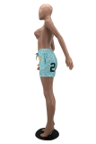 Blue Casual Print Patchwork Straight Mid Waist Straight Full Print Bottoms