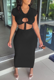 Pink Sexy Solid Hollowed Out O Neck Short Sleeve Two Pieces