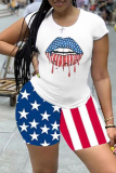 White Casual Print Patchwork O Neck Short Sleeve Two Pieces