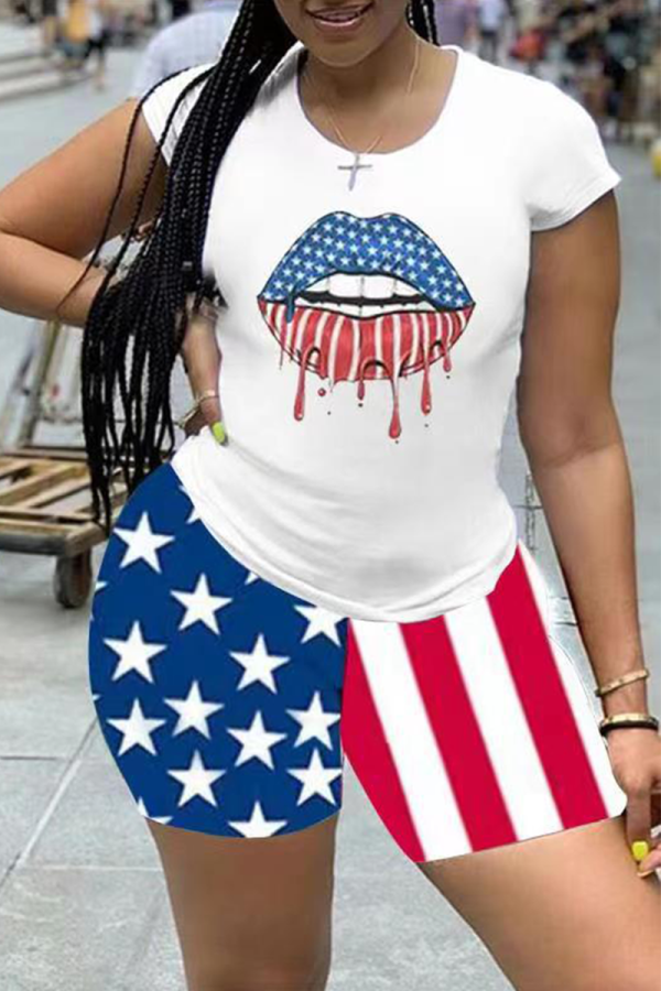 White Casual Print Patchwork O Neck Short Sleeve Two Pieces