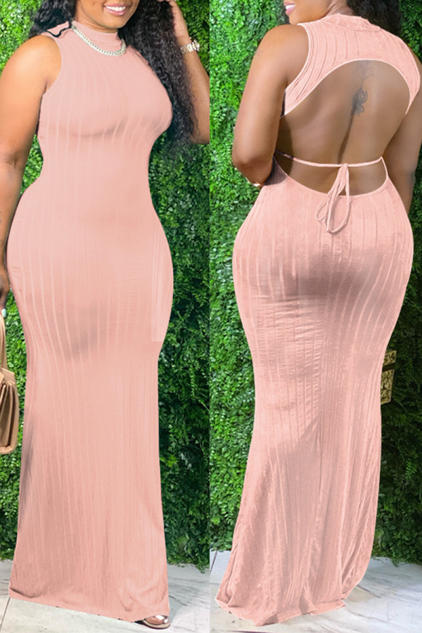 Pink Casual Solid Backless Half A Turtleneck Straight Dresses