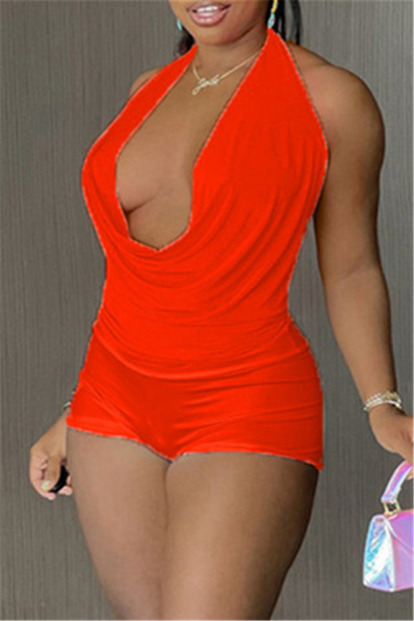 Orange Fashion Sexy Solid Backless Halter Sleeveless Two Pieces