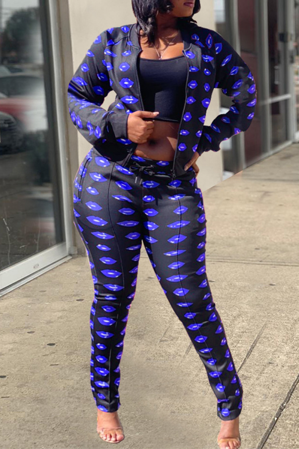Blue Casual Print Patchwork Zipper Collar Long Sleeve Two Pieces