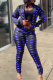 Blue Casual Print Patchwork Zipper Collar Long Sleeve Two Pieces