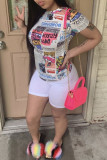 Yellow Fashion Casual Print Basic O Neck Short Sleeve Two Pieces
