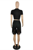 Red Fashion Casual Solid Tassel O Neck Short Sleeve Two Pieces