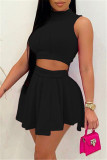 Rose Red Sexy Casual Solid Basic Half A Turtleneck Sleeveless Two Pieces