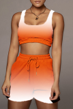 Blue Sportswear Gradual Change Patchwork U Neck Sleeveless Two Pieces