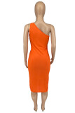 Orange Fashion Sexy Solid Hollowed Out One Shoulder Sleeveless Dress
