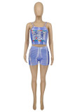 Pink Fashion Sexy Letter Print Ripped Spaghetti Strap Sleeveless Two Pieces