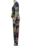 Green Sexy Print Patchwork V Neck Straight Jumpsuits