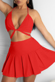 Pink Casual Solid Bandage Patchwork Halter Two Pieces