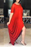 Blue Casual Solid Patchwork O Neck Irregular Dress Dresses