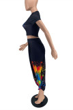 Black Fashion Casual Print Basic O Neck Short Sleeve Two Pieces
