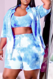 Pink Casual Patchwork Tie-dye Turndown Collar Short Sleeve Two Pieces