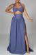 Blue Sexy Solid Mesh Halter Sleeveless Two Pieces