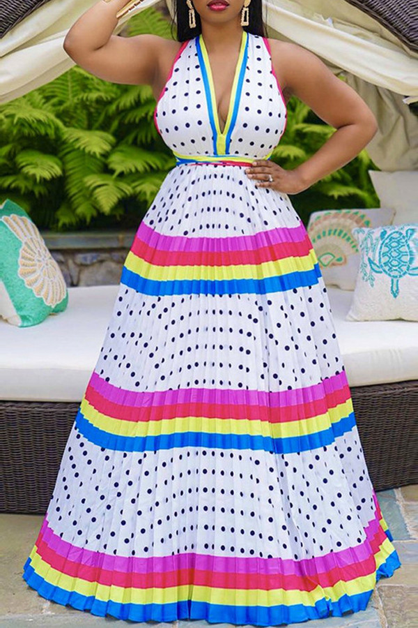 White Sexy Striped Print Polka Dot V Neck A Line Dresses