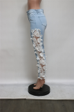 Blue Casual Solid Lace Mid Waist Skinny Denim Jeans