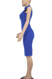 Deep Blue Casual Solid Hollowed Out Patchwork Half A Turtleneck Pencil Skirt Dresses