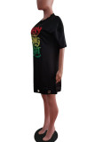 Black Casual Print Hollowed Out Split Joint O Neck Straight Dresses