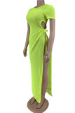 Fluorescent Green Fashion Sexy Solid See-through Slit O Neck Short Sleeve Dress