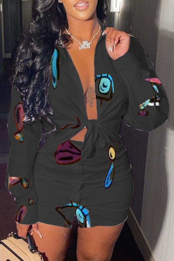 Black Sexy Print Patchwork Turndown Collar Long Sleeve Two Pieces