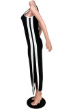 Black Fashion Casual Patchwork Slit U Neck Vest Dress