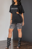 White Fashion Casual Letter Print Hollowed Out O Neck Short Sleeve Two Pieces