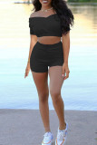 Pink Fashion Casual Solid Basic V Neck Short Sleeve Two Pieces