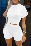 White Casual Solid Patchwork O Neck Short Sleeve Two Pieces