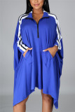 Blue Fashion Casual Patchwork Split Joint Turndown Collar Long Sleeve Dress