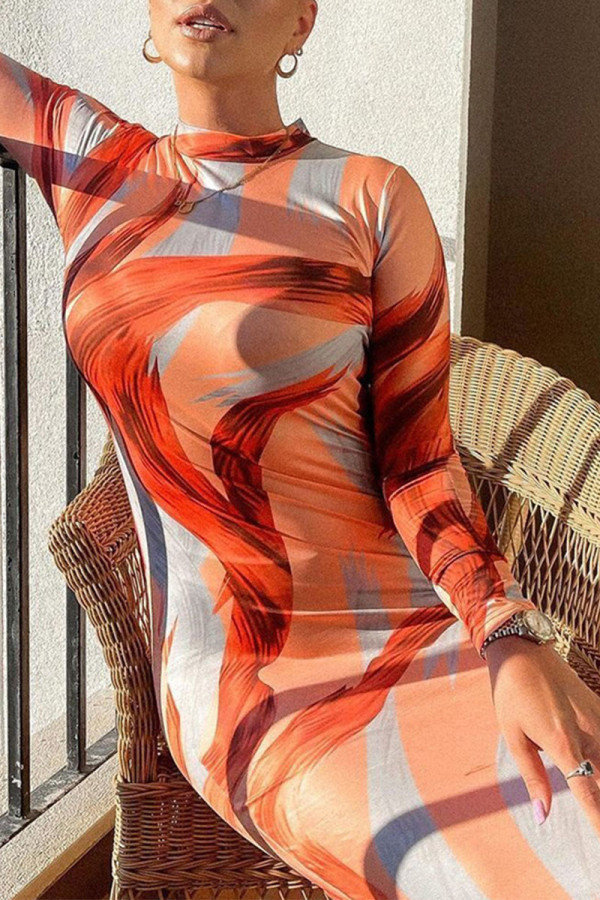 Orange Elegant Print Split Joint O Neck Pencil Skirt Dresses