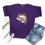 Green Fashion Casual Lips Printed Basic O Neck Tops